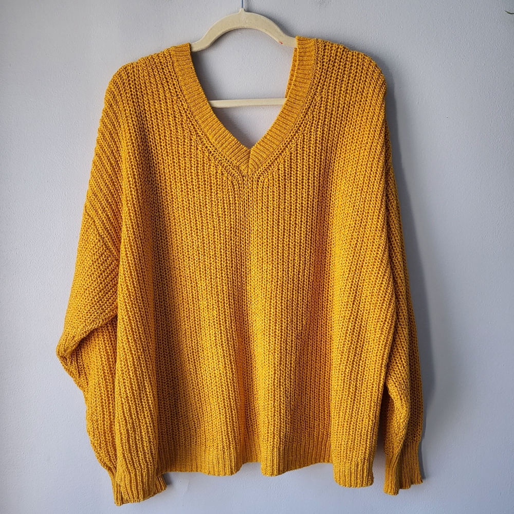 Zara mustard open knit double Vneck oversized pullover Dopamine sweater